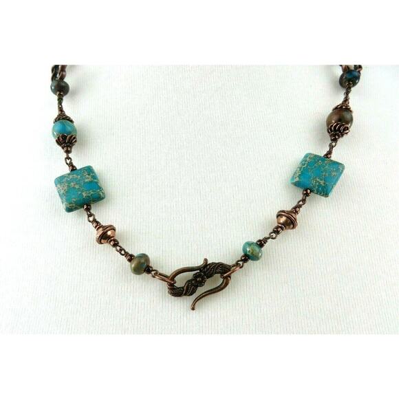 Statement Necklace Turquoise Howlite Beryl Color Copper Tone Metal Ornate Beads - Picture 6 of 12